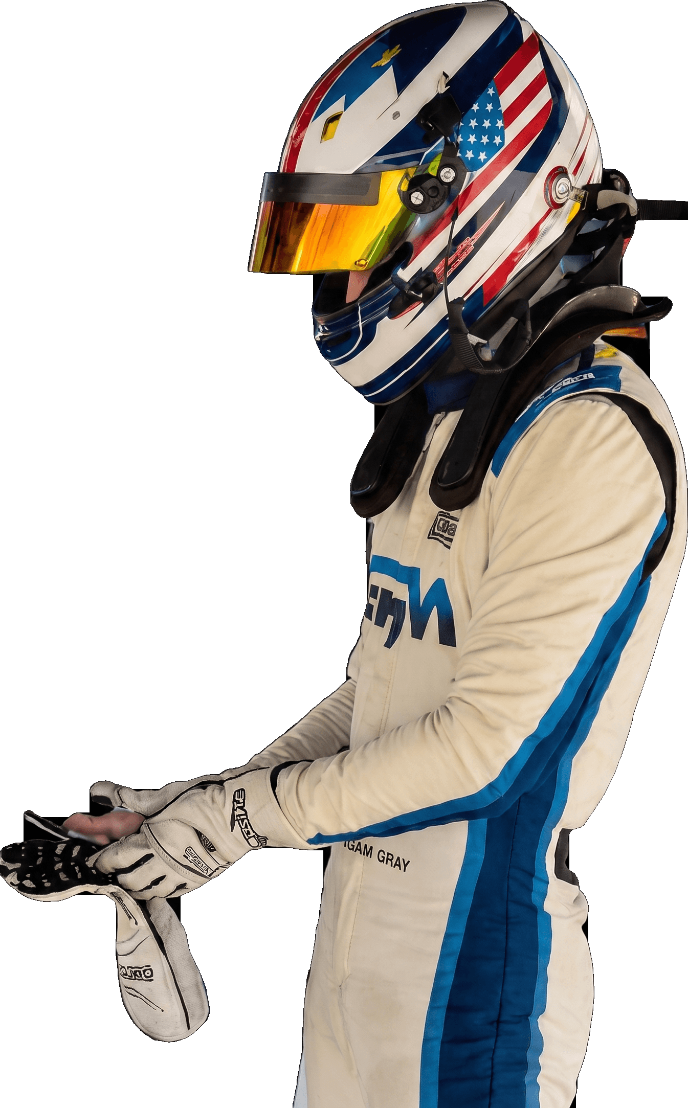 Liam Gray in fire suit and helmet