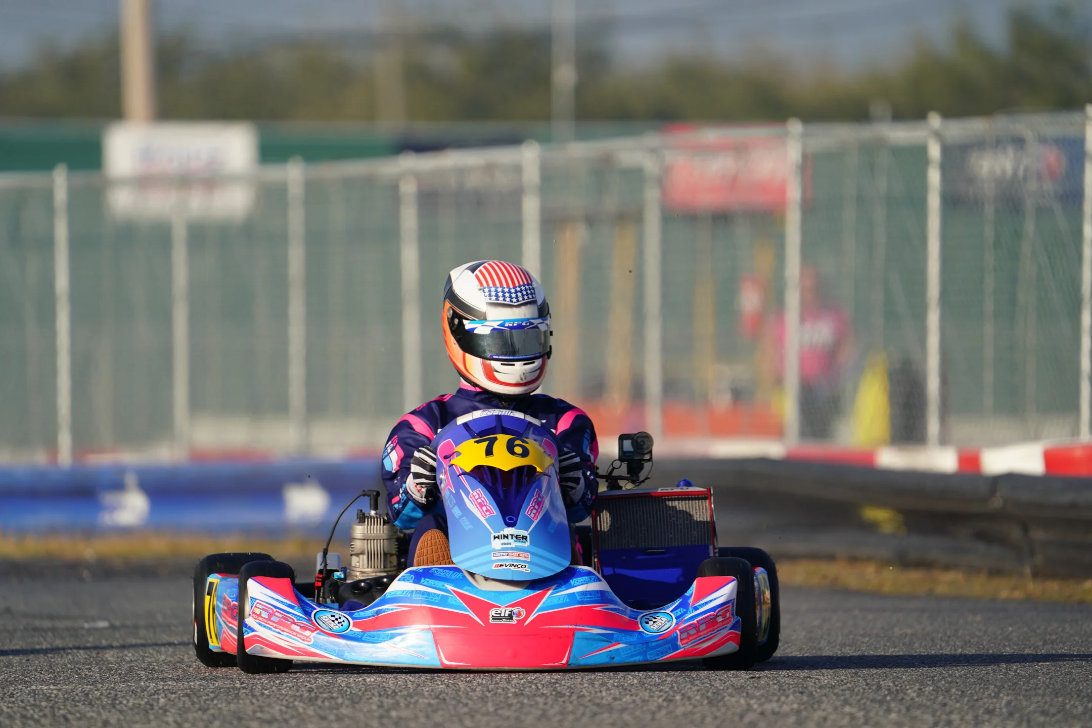 Liam Gray approaching head on in kart 76 at Orlando Kart Center
