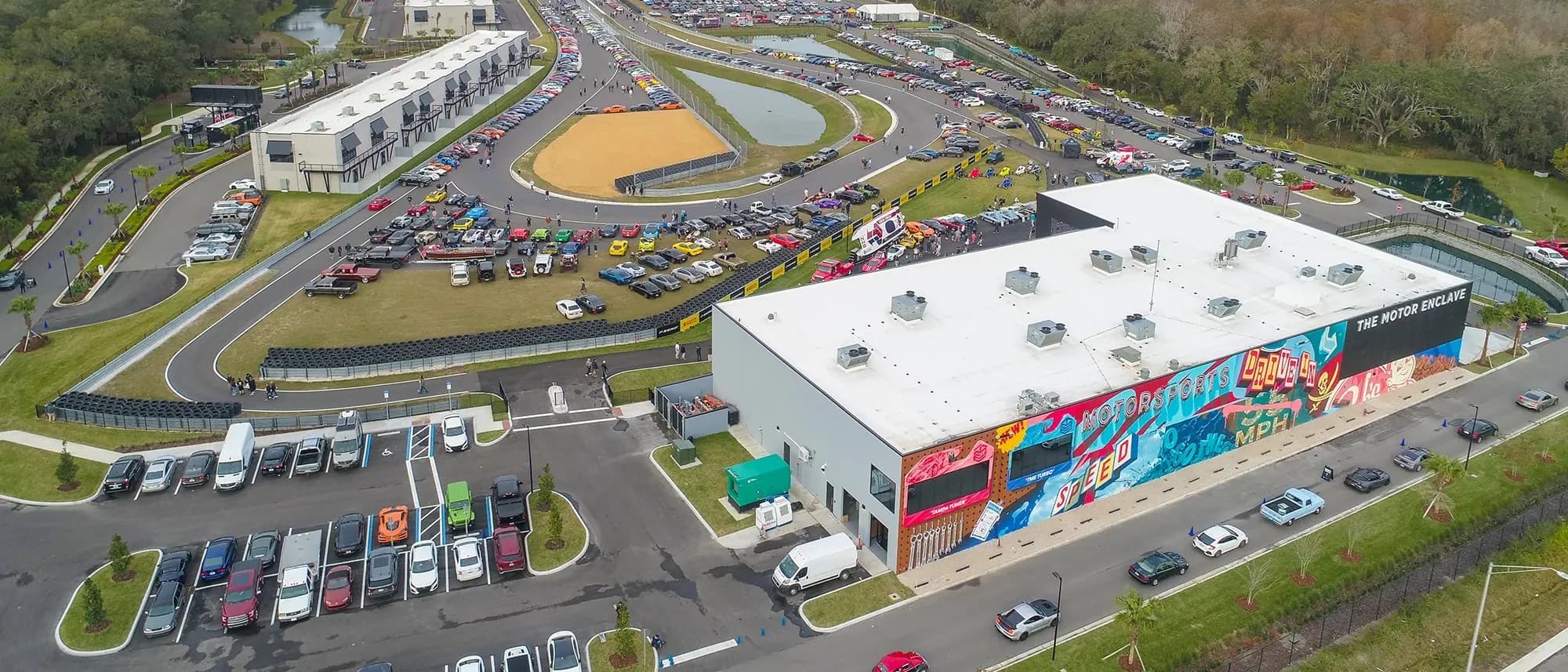 Aerial view of the Motor Enclave, its main building and the circuit